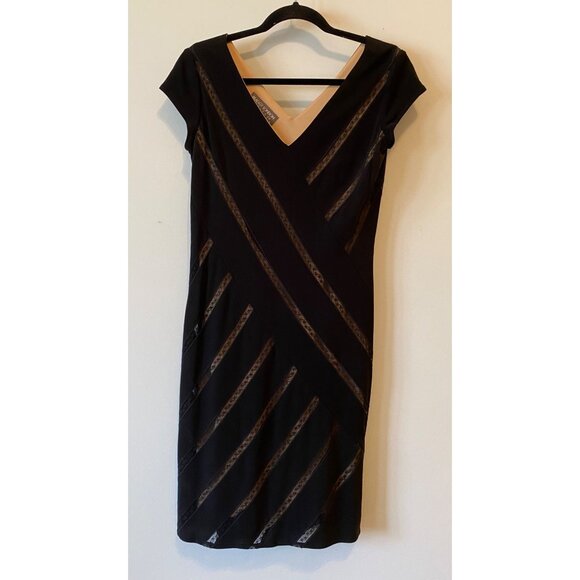 Maggy London Black Dress Short Sleeve Sheath Sheer Striped Accents 6 Petite - Picture 1 of 10